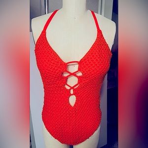 Red Lucky Brand One-Piece swimsuit with crochet overlay